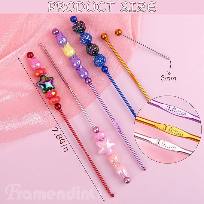 Framendino, 6 Pack DIY Beadable Crochet Hooks Knitting Needles Set Aluminum Handle 3 mm for Focal Beads Colors