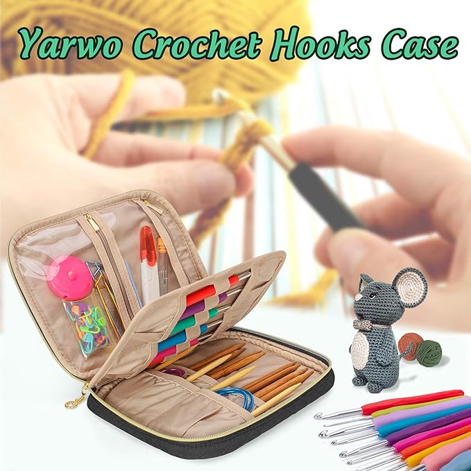 Yarwo Crochet Hook Case, Travel Organizer Holder for Crochet Hooks, Circular Knitting Needles, Knitting Needles (up to 8") and Other Supplies, Black (Bag Only, Patented Design)