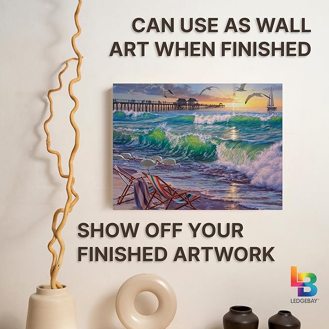 Ledgebay DIY Paint by Numbers Kit for Adults Framed Canvas: Beginner to Advanced Paint by Numbers Kit, Kits Include Acrylic Paint Set Brushes Tabletop Easel (Seaside Escape 16" x 20" Framed)
