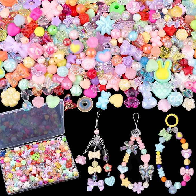 200-260PCS TINKRSTUFF Assorted Acrylic Beads Colorful Cute Beads for Bracelet Making,Bow Aesthetic Flower Butterfly GummyBear Round Kawaii Charms for Jewelry Necklace Making DIY Keychain Phone Charm