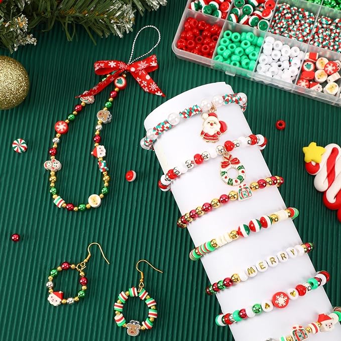 UPINS 2100PCS+ Christmas Bracelet Making Kit, Christmas Red Green White Gold Clay Beads for Friendship Jewelry Making Holiday with Xmas Charms