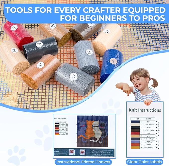 EsLuker.ly Latch Hook Pillow Kit DIY, Cat Latch Hook Kits for Beginners, Cushion Craft Kit with Pre-Printed Canvas, Cute Animal Latch Hook Craft for Home Sofa Decor