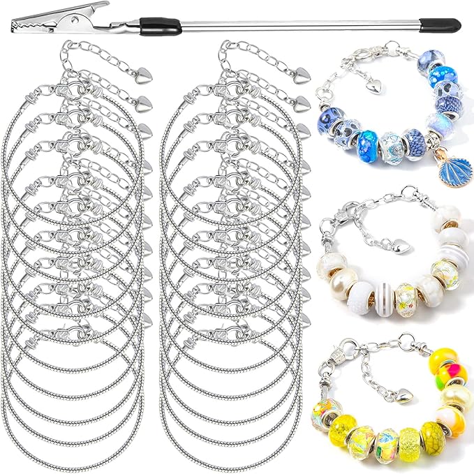 20 Pcs 7.87 Inch Snake Chain Charm Bracelets Adjustable Snake Charm Bracelet Chains with Bracelet Helper Heart Lobster Clasp Extender Chain DIY Bracelet Chain for Women Jewelry Making Supplies