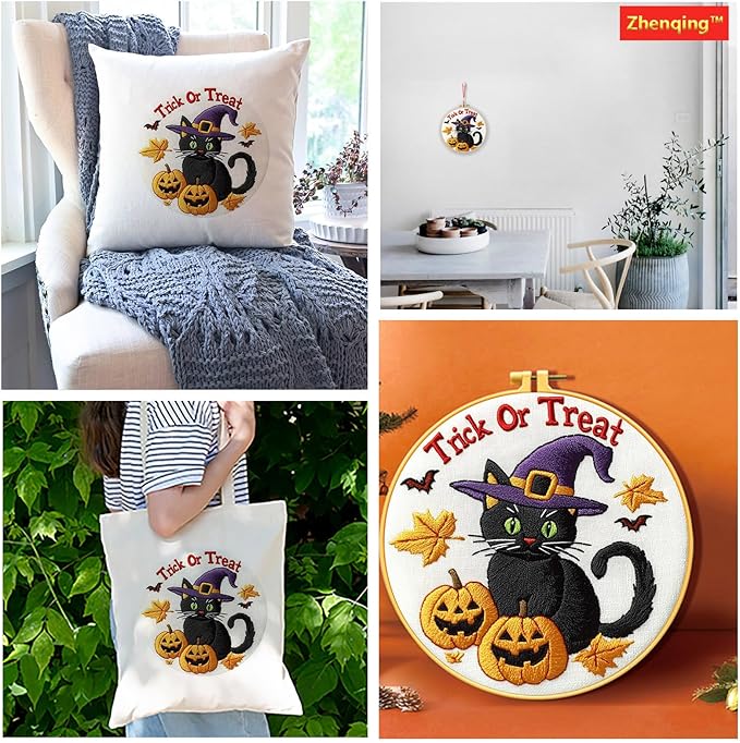 Zhenqing Halloween Black Cat Embroidery Kit for Beginners - Complete Set with Pre-Printed 29x29cm Cotton Fabric, Hoop, Threads & Tools (C0118)
