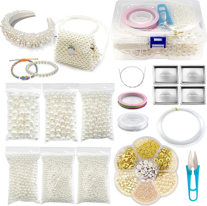 4244Pcs Beading Kit for Beginners,Full Set with 5 Sizes Round Pearl Beads and Gold Spacer Beads and Strings for Jewelry Making,DIY Pearlscent Bracelets/Necklaces/Phone Charm/Key Name Tag/Beaded Strap