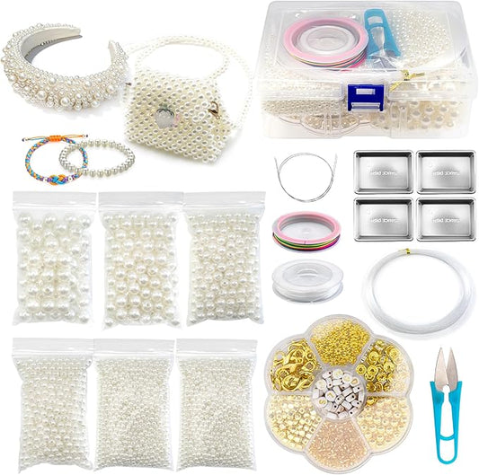 4244Pcs Beading Kit for Beginners,Full Set with 5 Sizes Round Pearl Beads and Gold Spacer Beads and Strings for Jewelry Making,DIY Pearlscent Bracelets/Necklaces/Phone Charm/Key Name Tag/Beaded Strap