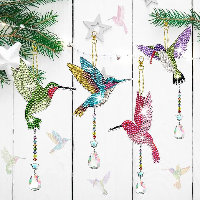 6 Pcs Diamond Painting Wind Chimes Rhinestone Hummingbird Diamond Art Suncatcher Double Sided 5D DIY Diamond Painting Kits for Adults Christmas Ornament Best Gifts for Mom