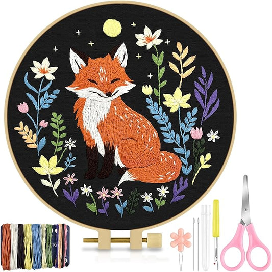 TINDTOP Embroidery Kit for Beginners Adult, Fox Embroidery Kit for Beginners Include Embroidery Cloth Hoops Threads for Craft Lover Hand Stitch with Embroidery Skill Techniques