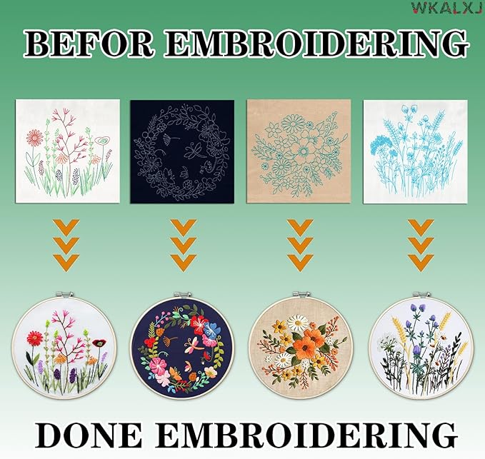 WKALXJ 4 Sets Embroidery Kits for Beginners Cross Stitch Kits Needlepoint Kits Crafts for Adults with Tools, Threads, Instructions, Needle Point Kits with Flower Stamped Patterns (Flowers A)