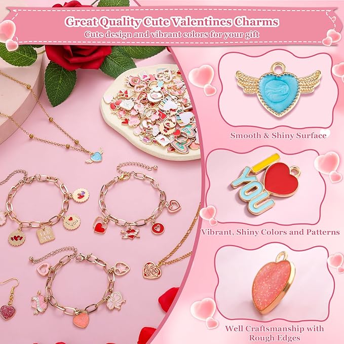 Modacraft 120 Pcs / 60 Pairs Valentine's Day Charms - Gold Enamel Valentine Charms for Jewelry Making, Multiple Romantic Styles Pendant for Making Necklaces, Earrings, Valentine's Day Gifts