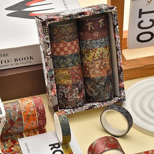 12 Rolls Kyoto Charm Washi Tape Set Japanese Arts Adhesive Tapes Geometric Garden Decorative Masking Tape Sets for Craft, Kids, Scrapbook, DIY, Gift Wrapping (Crimson Fields)
