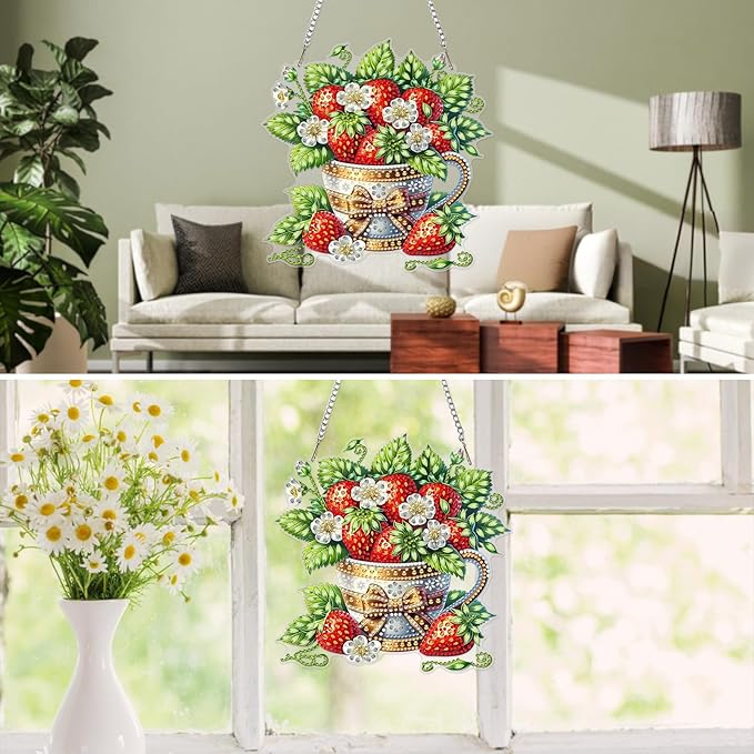 MXJSUA Strawberries Diamond Painting Art Window Suncatchers, Diamond Art Kits for Adults Hanging Ornaments with Chain, 5D Special Shape Crystal Diamond Pendant Accessories for Decor Gift 8x8 Inch