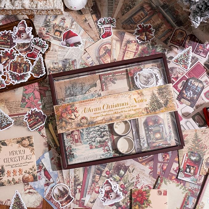 icceemee Scrapbooking Supplies Kit, Christmas Theme Scrapbooking Kit for Bullet Junk Journaling, Stationery, A6 Grid Notebook, Flower DIY Journaling Supplies, Birthday Craft Gift for Teen Girls