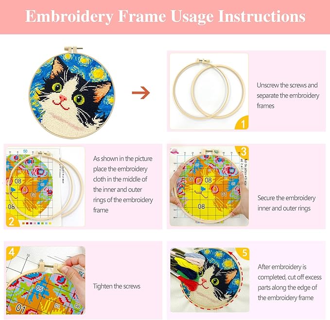 Zhenqing Night Sky Cats Cross Stitch Kit - 3-Piece Set with Pre-Printed 11CT 24x24cm Fabric, Hoop & Tools, Starry Night Theme for Beginners (70413)