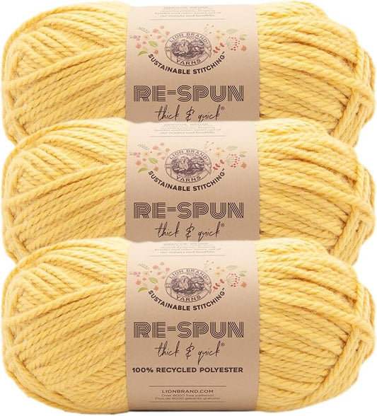 Lion Brand Yarn, Re-Spun Thick & Quick Super Bulky Yarn for Knitting, Crochet, and Crafts, Sunshine, 3 Pack, Soft Fiber for Chunky Blankets, Bulky Throws, and Cozy Sweaters