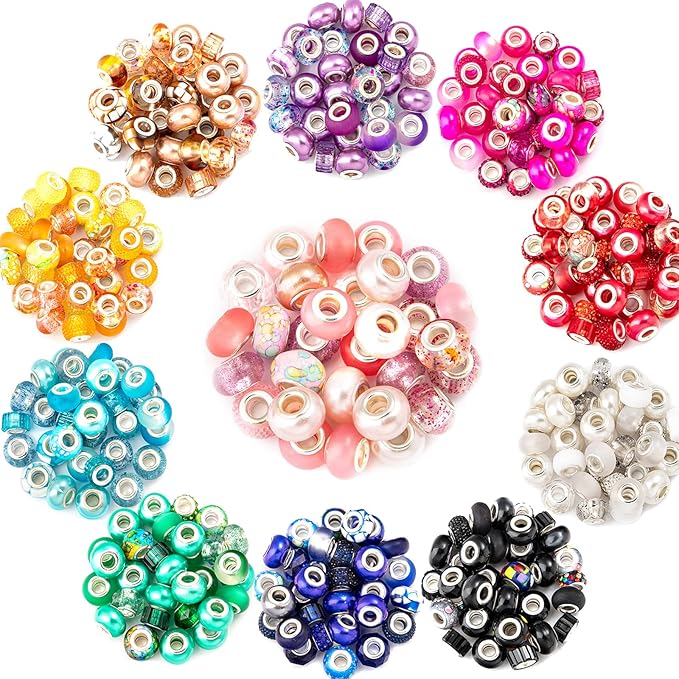220 Pcs European Large Hole Spacer Beads, Zyehxed Assortment European Craft Beads Colorful Rhinestone Lampwork Beads Fairy Garden Beads For DIY Charms Bracelet Necklace Earring Jewelry Making Supplies