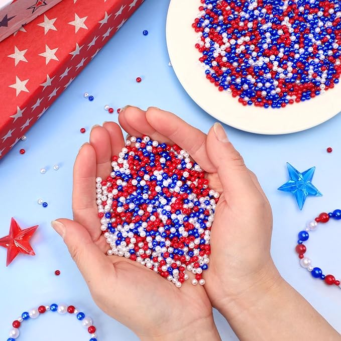 UPINS 1200Pcs Red White Blue Beads,4mm 4th of July Beads Independence Day Patriotic Pearl Beads for Jewelry Making Party Decoration Necklace Bracelets Earrings Hair Beads DIY Crafts Supplies