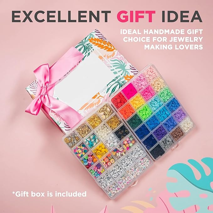 6525 Pcs Bracelet Making Kit for Beginners, Friendship Bracelet Making Kit for Girls Teens Adults, Includes Letters Beads & Smiley Beads, Polymer Clay Beads Jewelry Making Kit with 2 Storage Boxes