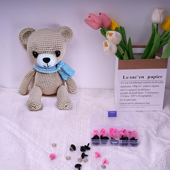 HeXueLy 48-Piece Fuzzy Safety Noses with Washers for Stuffed Animals, Crochet Toys and Amigurumi Dolls, Plush Soft Noses in Multiple Sizes for Teddy Bear and DIY Plush Making Kits