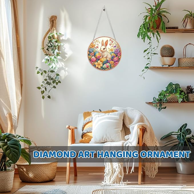MEIYUDA Easter Bunny Diamond Art Hanging Kits for Adult, Easter Eggs Diamond Painting Hanging Kits Ornaments, DIY Special Shaped Rhinestone Window Pendant for Home Garden Wall Decor Gift