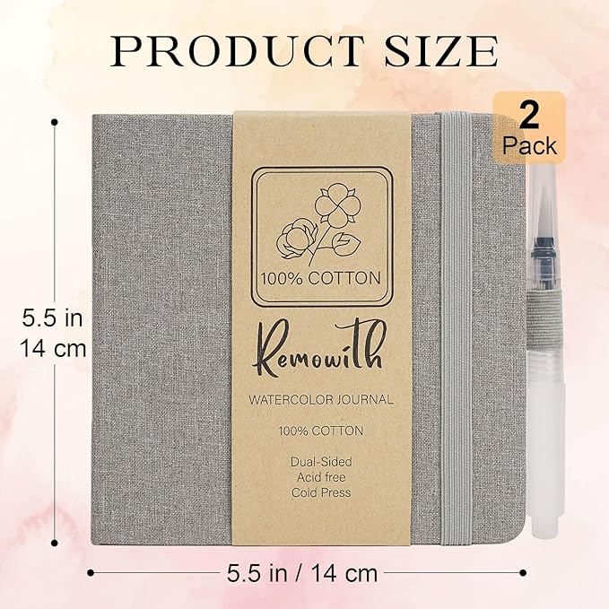 Watercolor Journal Sketchbook, 5.5" x 5.5" Sketch Books Artist Cotton Watercolor Paper, Linen Cover with Tap Water Pen, 24 Sheets 140 LB, 300 GSM for Travel Sketching On The Go Art, 2 Pack