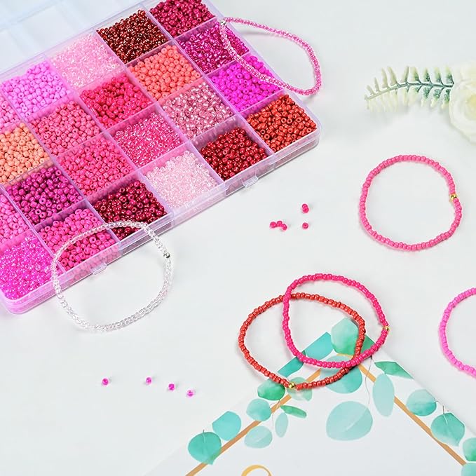 Vtssvow 3mm Glass Seed Beads for Bracelets Making, 24 Colors 10000pcs Friendship Bracelet Making Kit, Small Glass Beads for Jewelry Making (Mix 24 Color, Red and Pink)