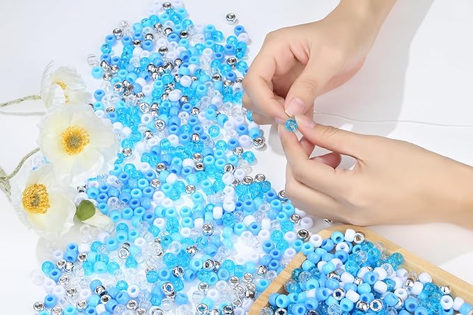 1000Pc Boxed Blue Pony Beads, Blue and White Hair Beads, 9 MM Plastic Craft Bead with Large Hole for Jewelry Making, Bracelets, Necklaces, Hair Braiding and DIY Crafts