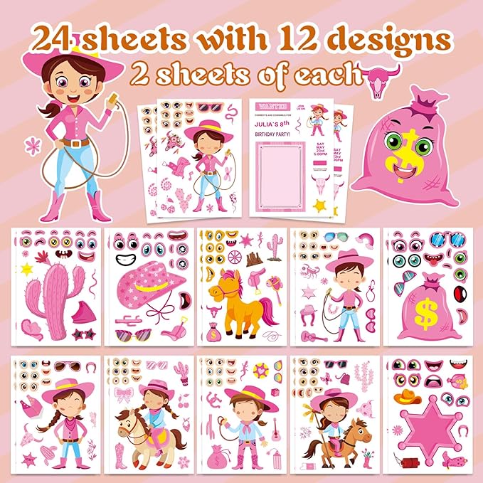 24 sheets cowboy cowgirl stickers for kids, country western cowgirl make a face sticker, make your own stickers sheets, pink cool theme art craft supplies