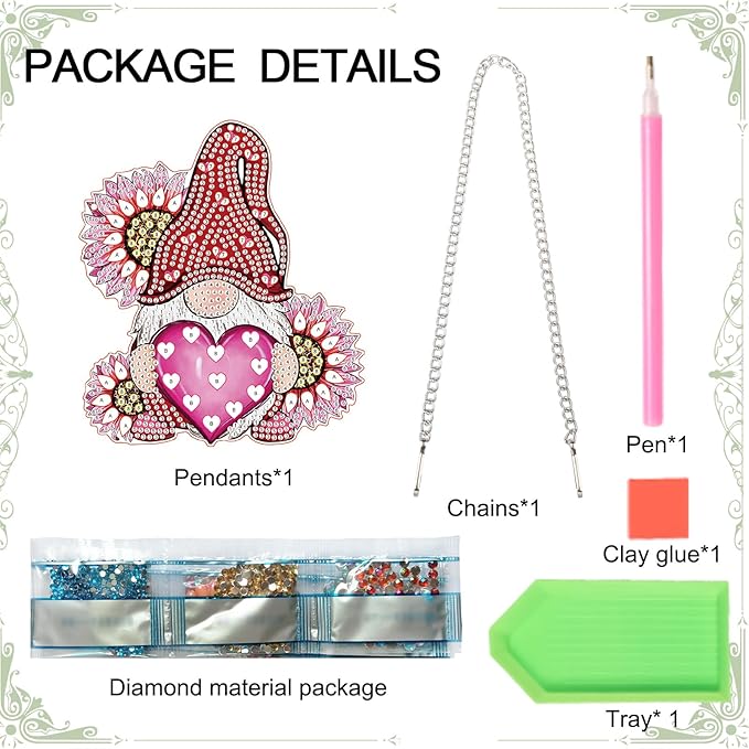 AiYuanzsh Love Gnome Diamond Painting Hanging Ornament, DIY 5D Diamond Art Pendant with Heart and Flowers, Special-Shaped Diamond Kit for Valentine's Day or Romantic Home Decoration