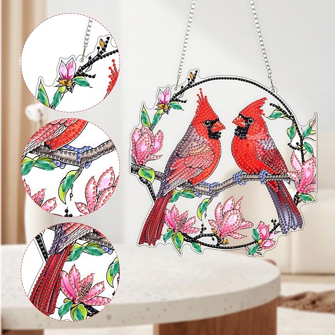 QENSPE DIY Hanging Diamond Painting Pendant Kit Cardinal,Magnolia Diamond Art Ornament Kit Acrylic Board for Window,Easy Crystal Pendant Gem Art for Home Garden Wall Decor,20x20cm