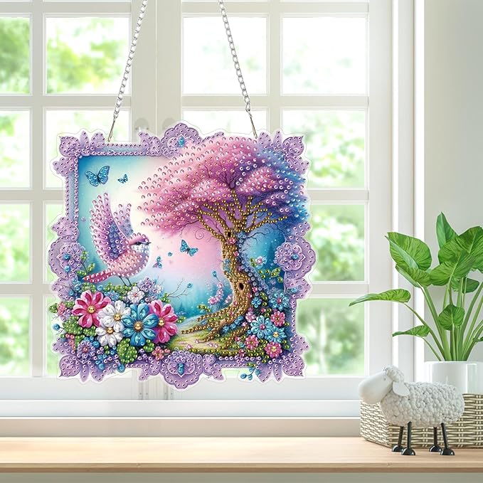 Bowetile Birds Diamond Art Hanging Kits for Adults, Diamond Art Suncatchers Forest, 5D Special Shape Diamond Painting Flowers Pendant Window Ornament Gifts for Home Wall Door Garden Decor
