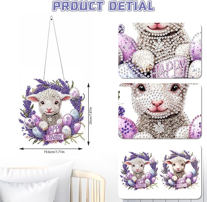 KEYIFA Easter Diamond Painting Kit, DIY Lamb Diamond Art for Adults, Diamonds Pendant Special Shaped Rhinestone Window Hanging Ornaments Home Garden Wall Door Decoration, 20cm Width