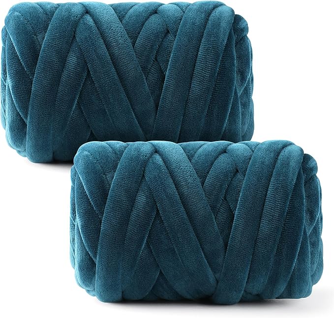 Chunky Yarn for Hand Knitting & Arm Knitting - 2-Pack Value Bundle (1.32lb Total) of Super Bulky Velvet Chenille Tube Yarn for Larger DIY Projects | No-Tool, Machine Washable, Deep Teal