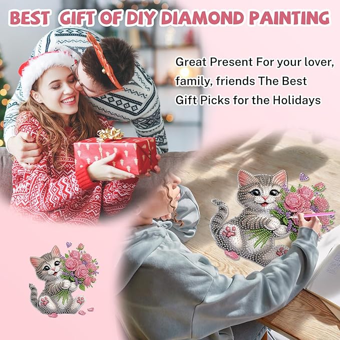 Bowetile Cat Diamond Art Hanging Kits for Adults, Diamond Art Suncatchers Flowers, 5D Special Shape Diamond Painting Pendant Window Ornament Valentine's Day Gifts for Home Wall Decor