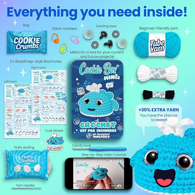 Cookie Box MINIs Crochet Kit for Beginners – Gift Set to Make Whale Luna Amigurumi Plushie – Easy DIY Crochet & Knitting Starter Kit with Printed Instructions & Step-by-Step Video Tutorial