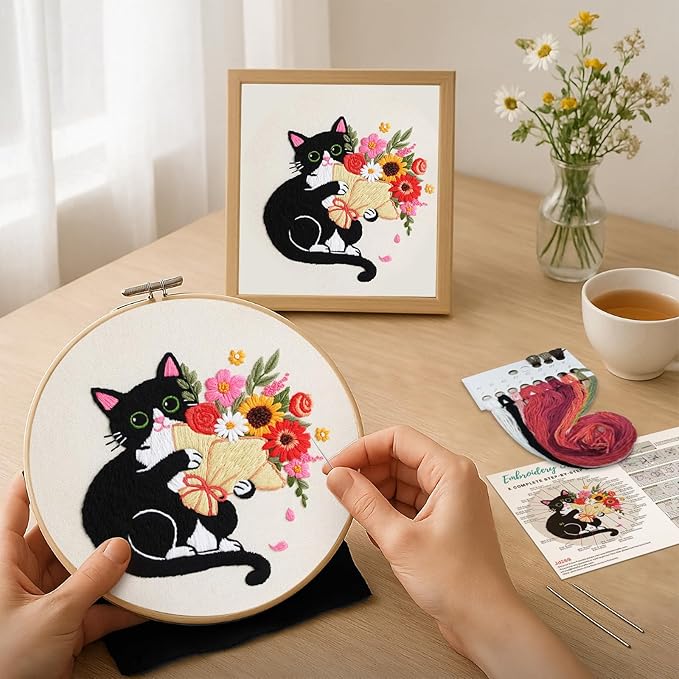 Nuberlic Black Cat Flowers Embroidery Kits for Beginners, DIY Cross Stitch Starter Craft Kits for Adults Including Cloth with Pattern, Hoop, Needles Instruction and Threads