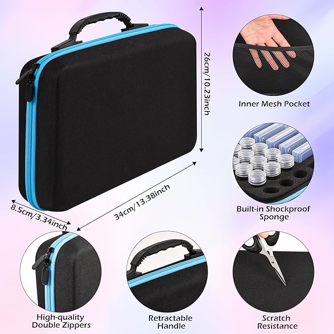 MERATIA Diamond Painting Storage Container, Diamond Art Kits for Adults Stackable Bead Organizer with Carrying Handle, Craft Storage Box with Accessories (Blue-10 Square+30 Round Bottles)