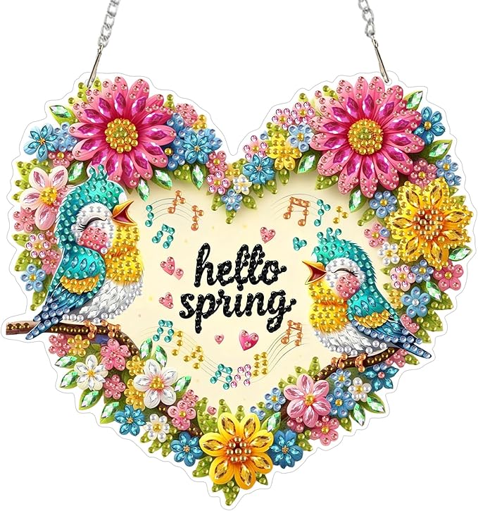 CEOVR Spring Brids Hanging Diamond Painting, Brids Sing Diamond Art for Adults Pendant DIY Spring Flowers Gem Art Wall Hanging Ornament, Acrylic Home Garden Decor with Chain, Box Kit 7.77×7.16inch