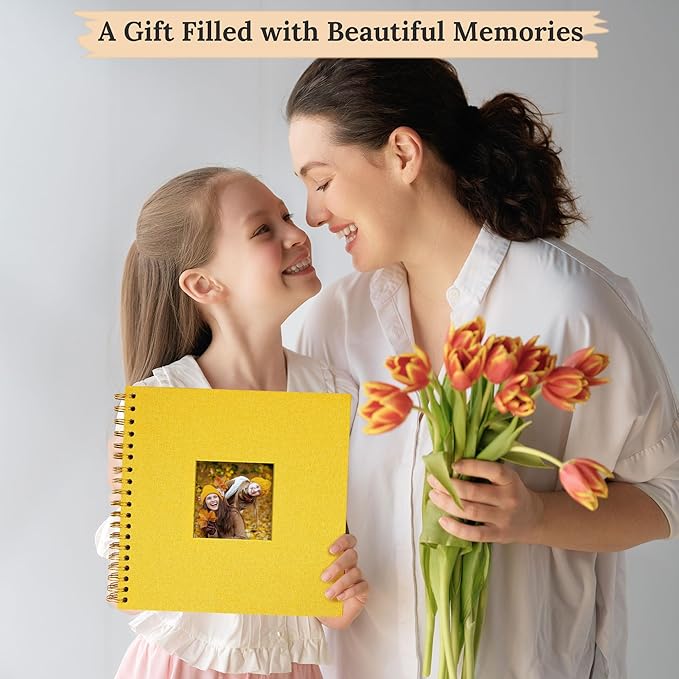 Scrapbook Photo Album Linen Cover, 8 x 8 Inch Hardcover Kraft White Pages Memory Book, for Travel Wedding Guest Book Christmas Baby Shower (20 Sheets/ 40 Pages,Yellow)