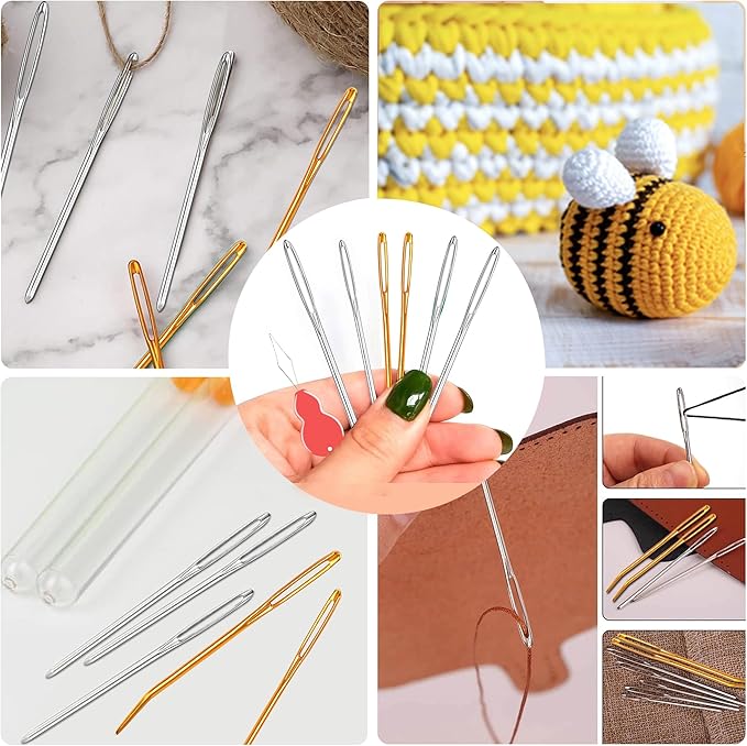 pikdmin 32 pcs Large Eye Sewing Needles Kit, Stainless Steel Large-Eye Blunt Needles & Bent Tapestry Needles for Tapestry,Sewing Wool,Weaving （ Crochet Locking Stitch Random Color）