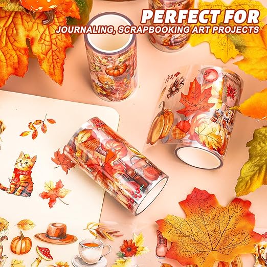 JarThenaAMCS 39.2 Ft Fall PET Washi Tape Autumn Orange Transparent Adhesive Masking Tape for Cut & Use as Thanksgiving People Stickers Scrapbook Journal DIY Crafts Wrapping,4 Rolls