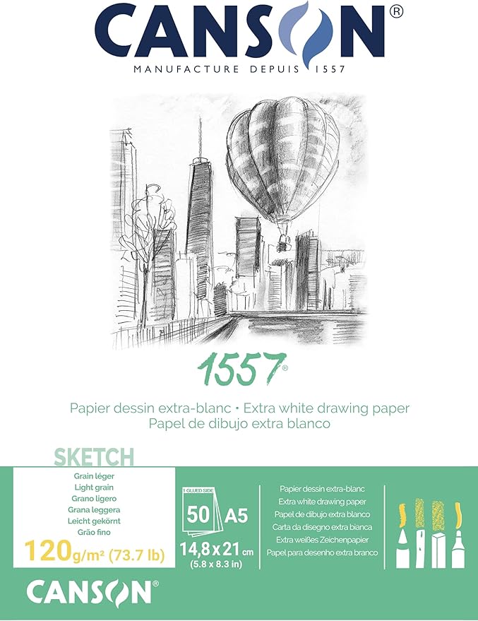 CANSON 1557 Extra White 120gsm A5 Sketch Paper, Light Grain, 50 Sheets, Ideal for Professional Artists & Illustrators