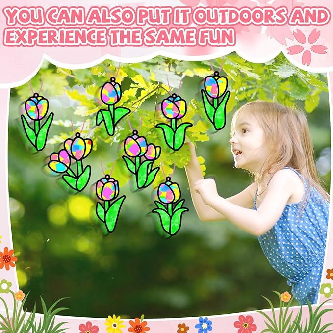 Lonfliness 32 Sets Spring Tulip Suncatchers Craft Kit DIY Window Stained Glass Effect Colorful Tulip Paper Crafts Home School Classroom Decoration Birthday Gift Creative Art Project & Activity Game