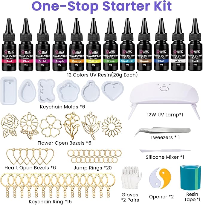 LET'S RESIN All-Inclusive Keychain Making Kit, 12-Color UV Resin with Keychain Molds Silicone, UV Light, 6 Styles Flower and Heart Open Bezels for Resin, Jewelry Making Kit for Beginners, Craft Decor