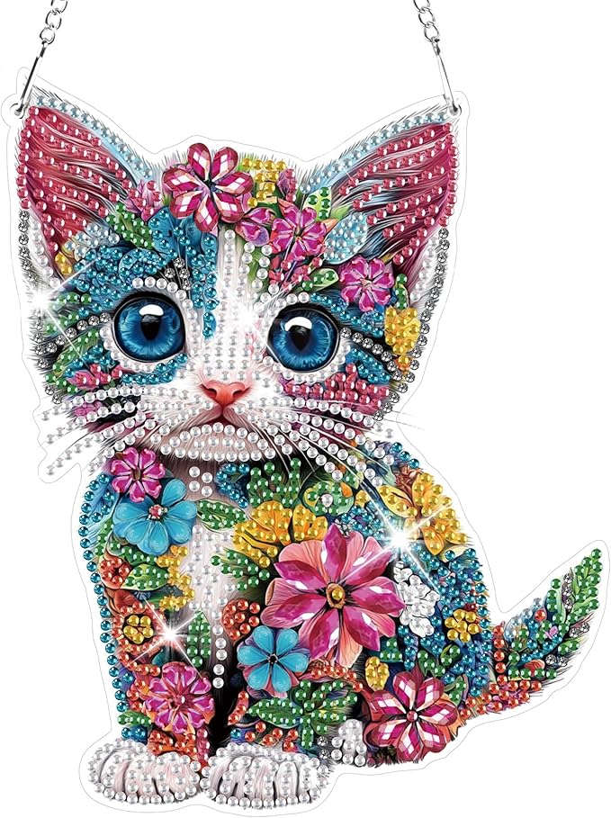 HEIBAGO DIY Hanging Diamond Art Kit Cat,Acrylic 5D Painting Window Pendants Flower,8.3 * 8.3 inch Double Sided Gem Art Ornament Kit,Diamond Art Ornament Kit for Home Wall Decor