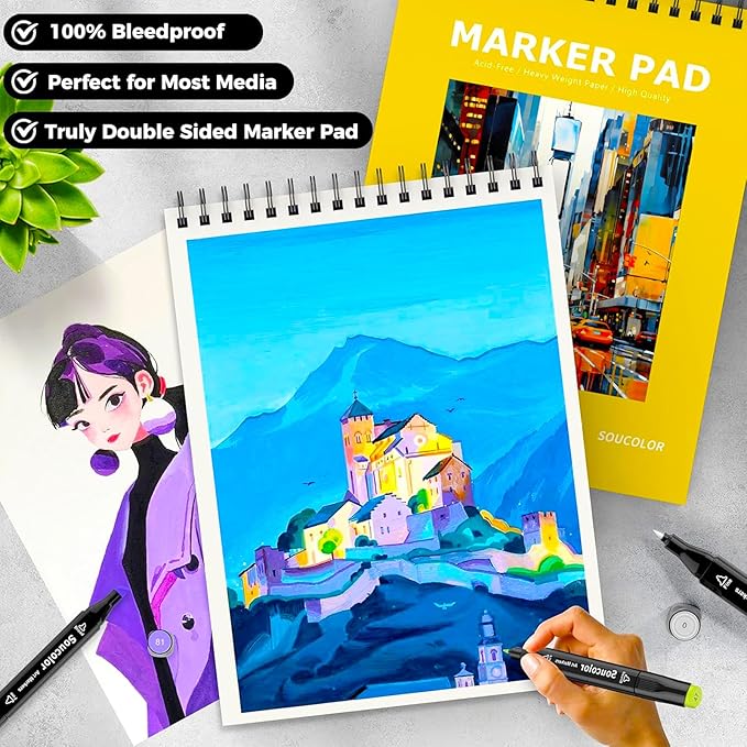 soucolor 100 sheets marker paper pad, 9"x12" bleedproof art sketch pad, 73lb/120gsm drawing paper spiral sketch book, alcohol marker paper painting coloring paper for adult, artists