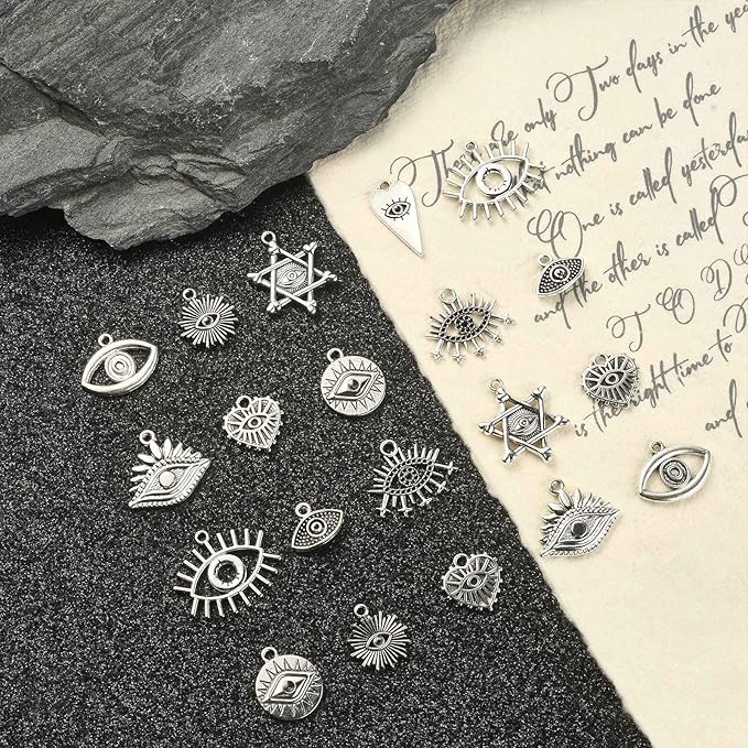 DanLingJewelry 100Pcs 10 Styles Evil Eye Charms Antique Silver with Sun Heart for DIY Jewelry Making, TIBEP-CJ0002-05-CHH