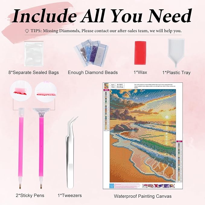 Yezavesu Beach Diamond Art Kits for Adults, Sunset 5D Diamond Painting Kit for Beginners, DIY Round Full Drill Painting with Gem Art Craft Kits for Home Wall Decor 12x16 Inch