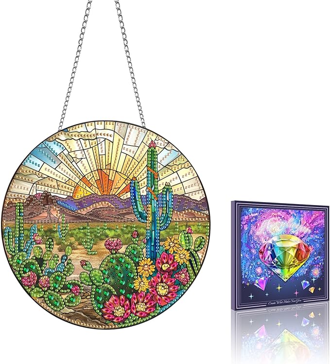 VAIIEYO 5D Cactus Diamond Art Hanging Ornament, Plant Diamond Painting Suncatchers Window Hanging Kit with Chain, 7.5x7.5 inch Crystal Pendant Art Craft for Gift Home Wall Front Door Decoration