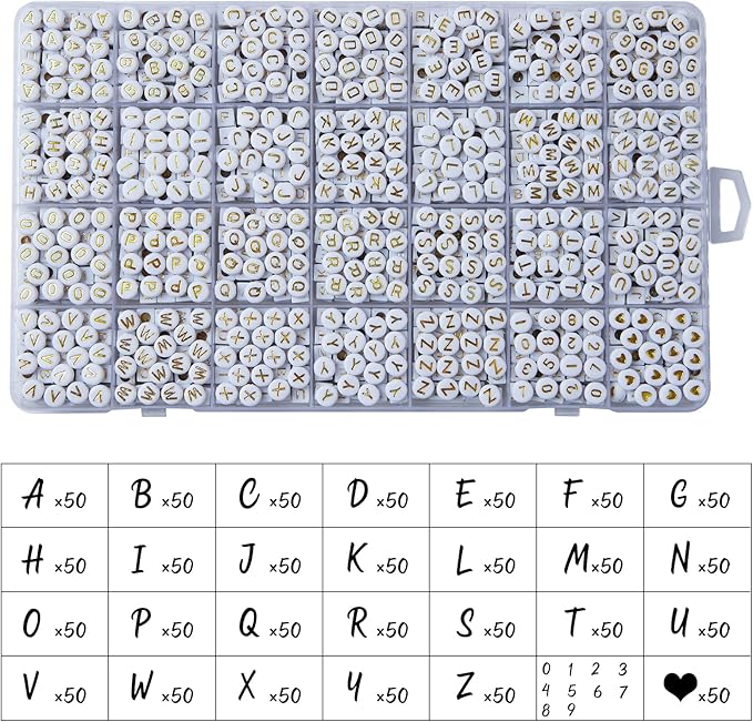 1400pcs letter beads, 4x7 mm acrylic alphabet beads, beads for jewelry and bracelet making, in 28 grid box (white and gold)